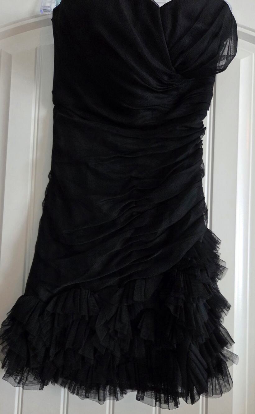 Adrianna Papell Black Mesh Ruched Strapless Tiered Ruffle Cocktail Dress Size 2